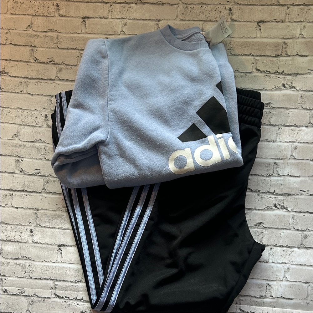 adidas Light Blue Sweatshirt with Black Track Pants